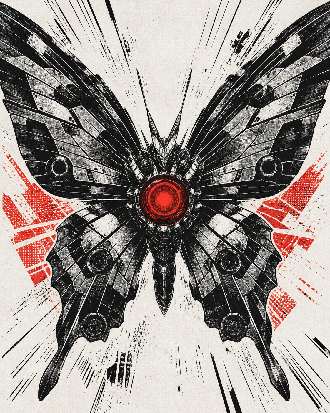 Mechanical moth boss rendered as a vermilion and black retro fight poster